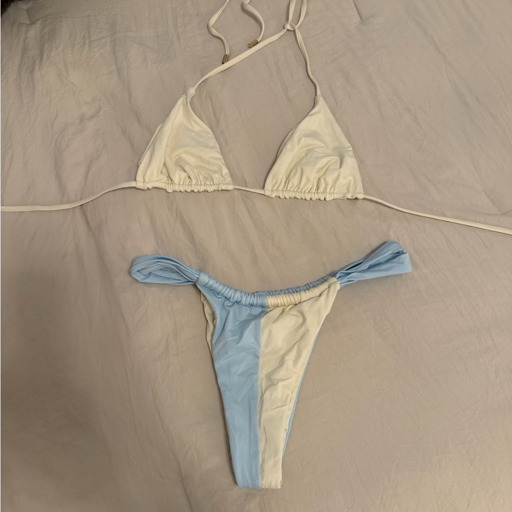 Monday Swimwear Two-Tone Cream and Light Blue Triangle Bikini